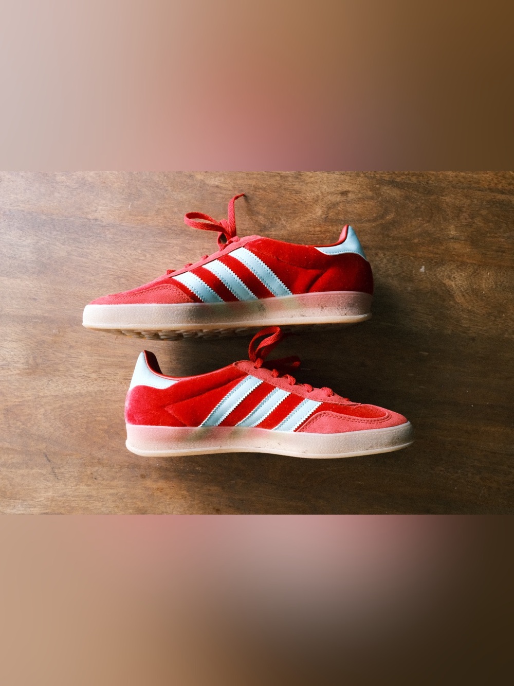 Adidas Gazelle - Red Suede Sneakers with Turquoise Stripes - Picture 3 of 8